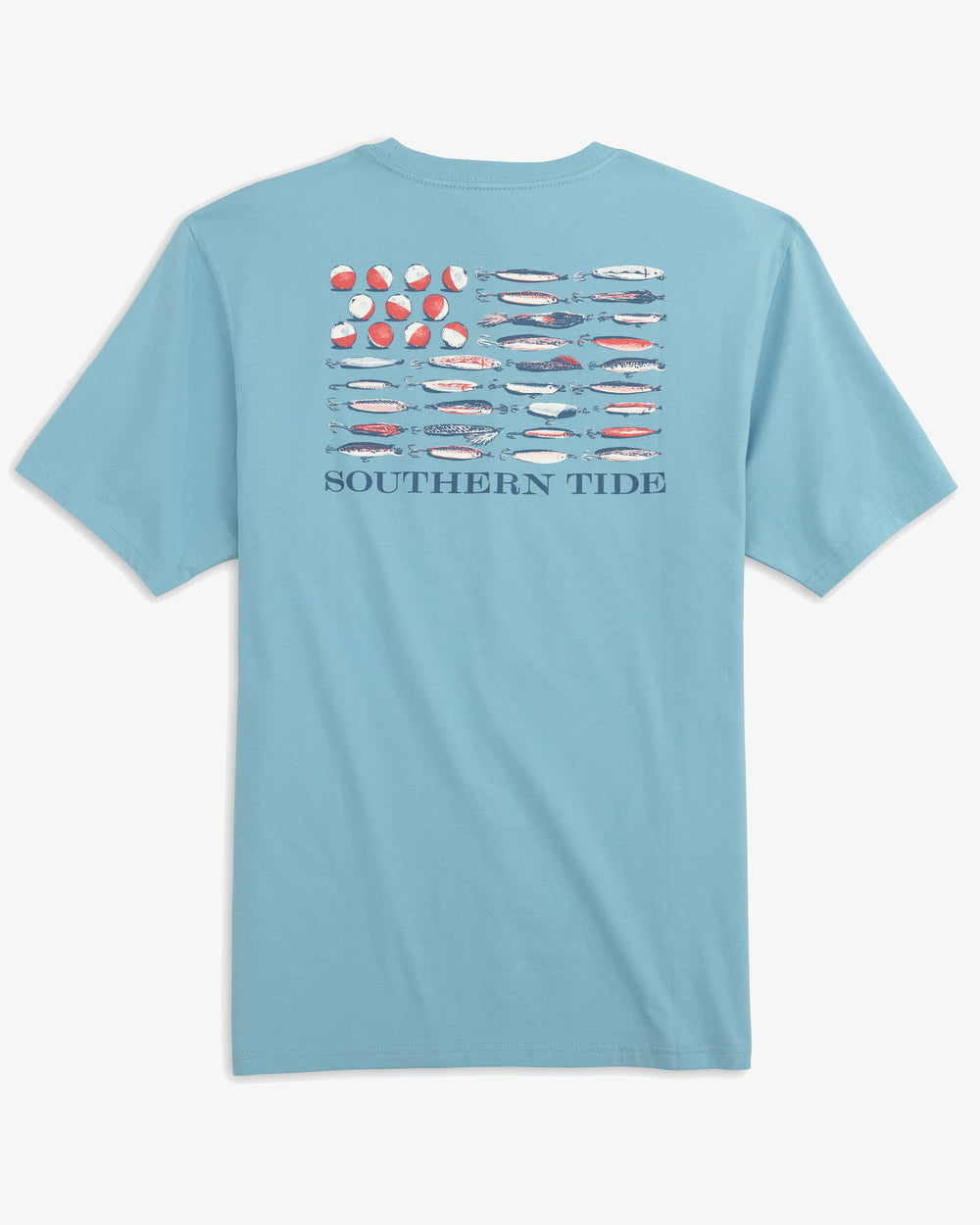 The back view of the Men's Bobbers and Lures Tide T-Shirt by Southern Tide - Brisk Blue