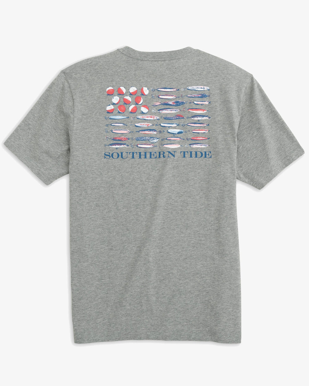 The back view of the Men's Bobbers and Lures Tide T-Shirt by Southern Tide - Heather Grey