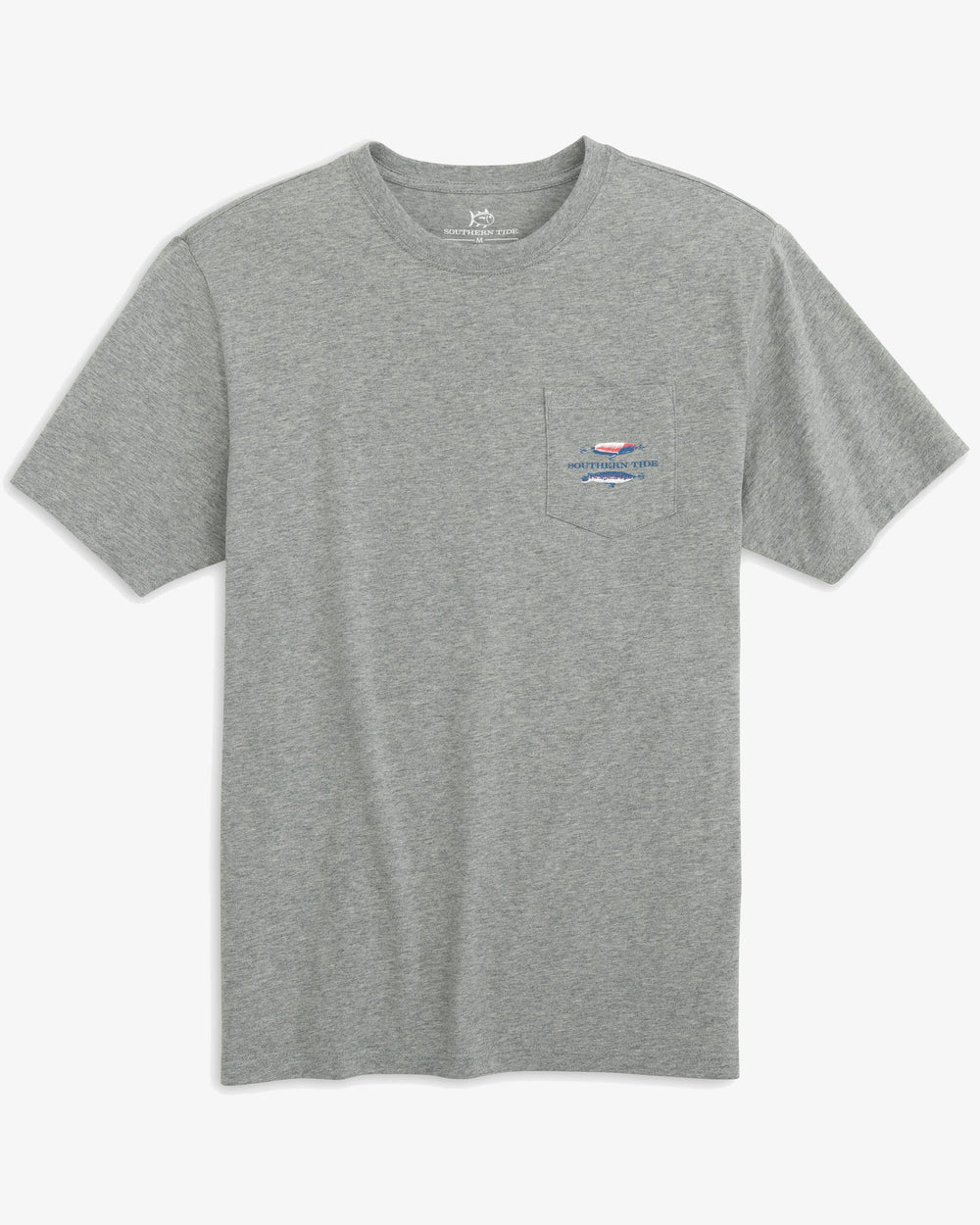 The front view of the Men's Bobbers and Lures Tide T-Shirt by Southern Tide - Heather Grey