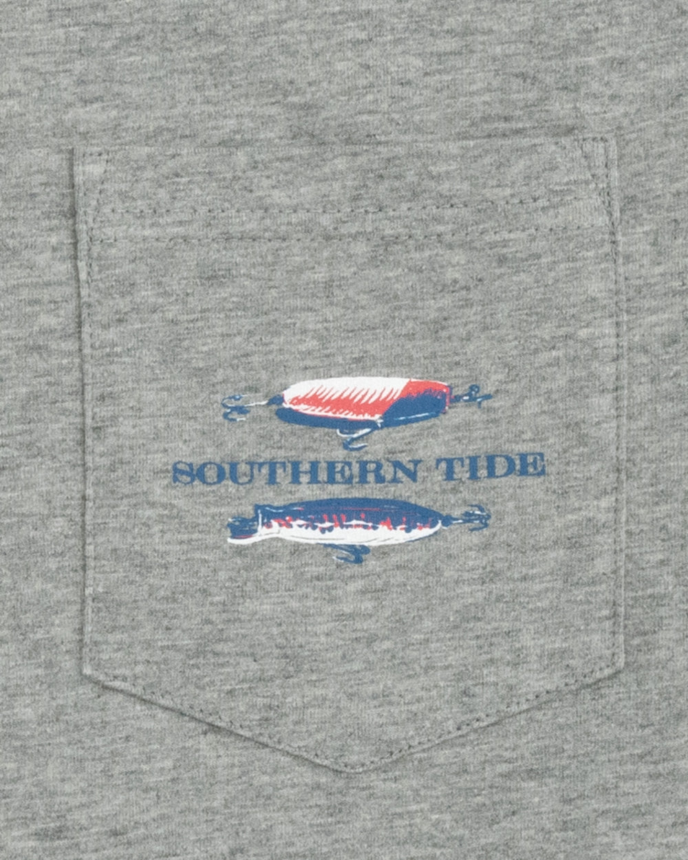 The pocket view of the Men's Bobbers and Lures Tide T-Shirt by Southern Tide - Heather Grey