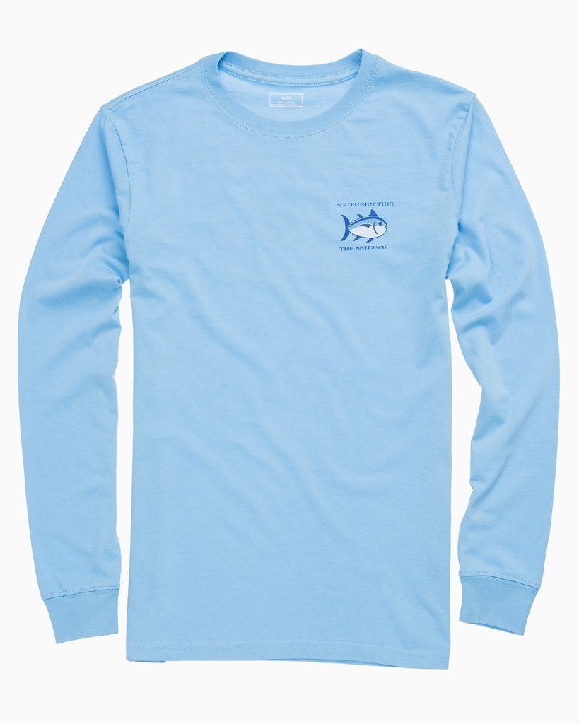 The front view of the Men's Blue Long Sleeve Original Skipjack T-shirt by Southern Tide - Ocean Channel