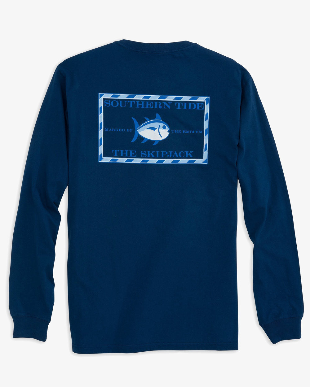 The back view of the Men's Navy Long Sleeve Original Skipjack T-shirt by Southern Tide - Yacht Blue