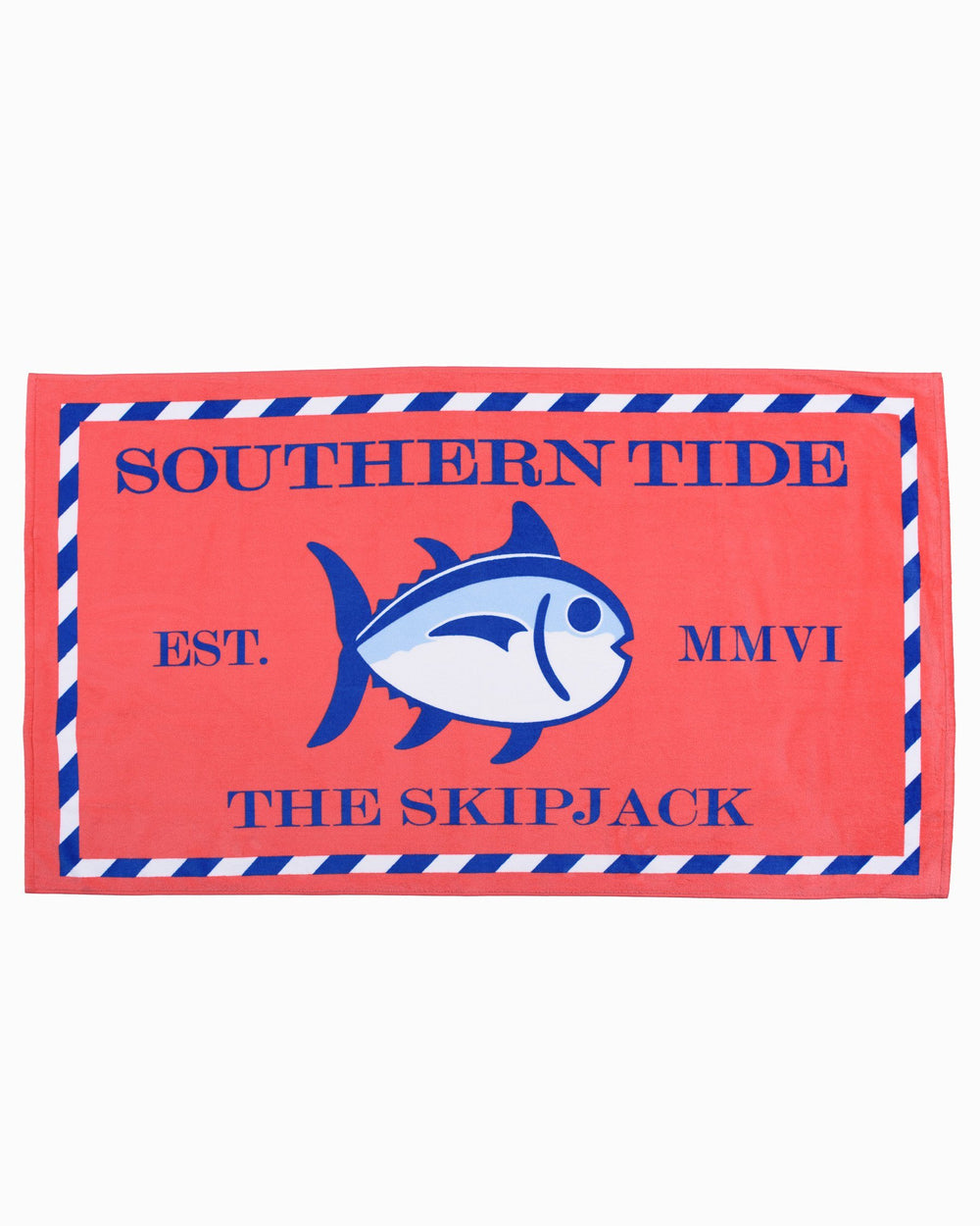 The front view of the Skipjack Beach Towel by Southern Tide - Coral Beach