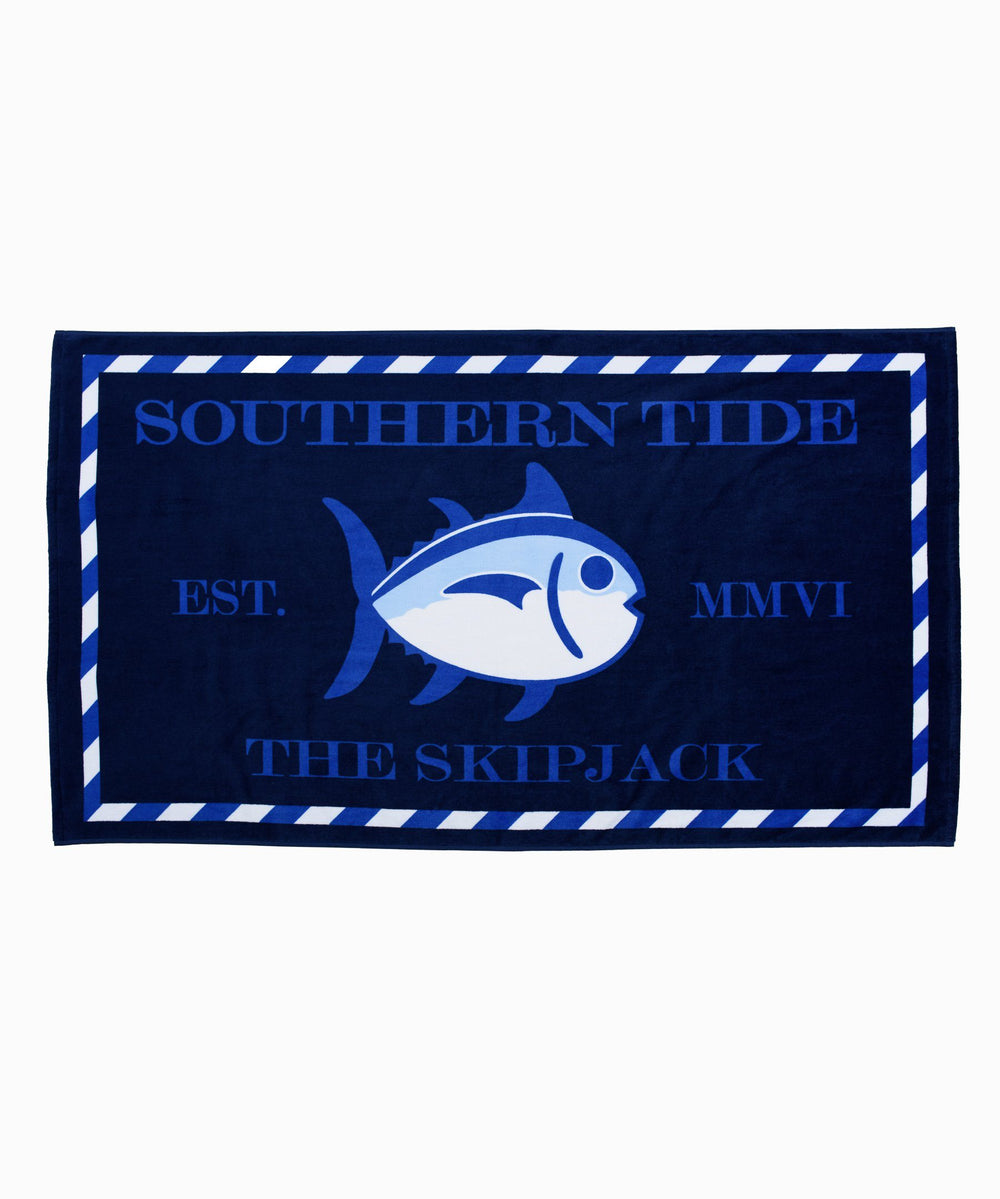 The front view of the Skipjack Beach Towel by Southern Tide - Yacht Blue