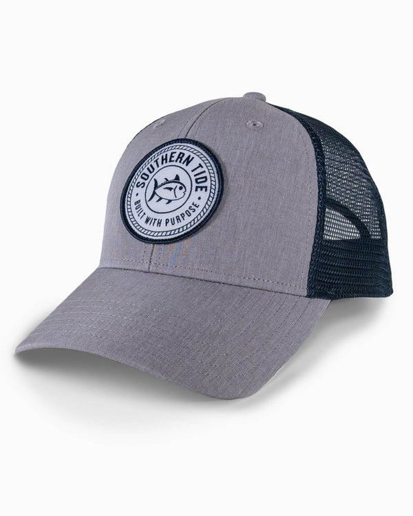 The front view of the Southern Tide ST Classic Tide Patch Performance Trucker by Southern Tide - Grey