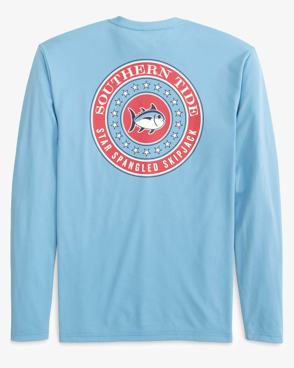 The back view of the Star Spangled Skipjack Long Sleeve Performance T-Shirt by Southern Tide - Heritage Blue