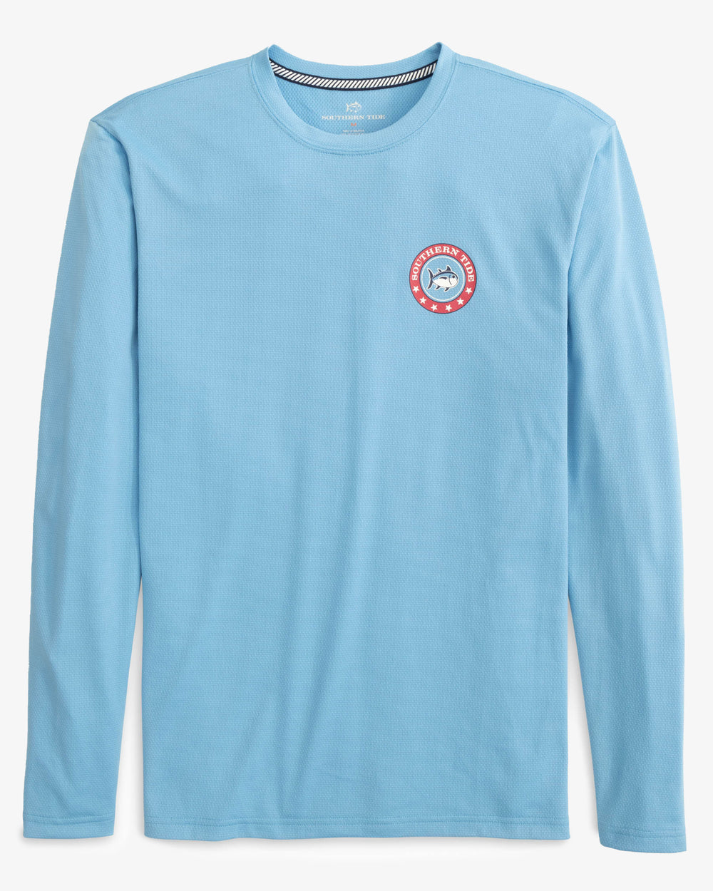 The front view of the Star Spangled Skipjack Long Sleeve Performance T-Shirt by Southern Tide - Heritage Blue