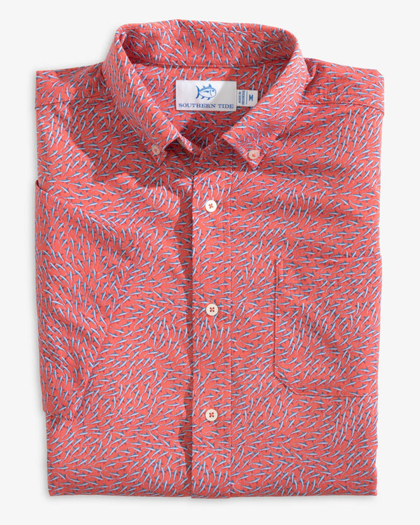 The folded view of the Southern Tide Stay in Schools Intercoastal Short Sleeve Button Down Sport Shirt by Southern Tide - Rosewood Red