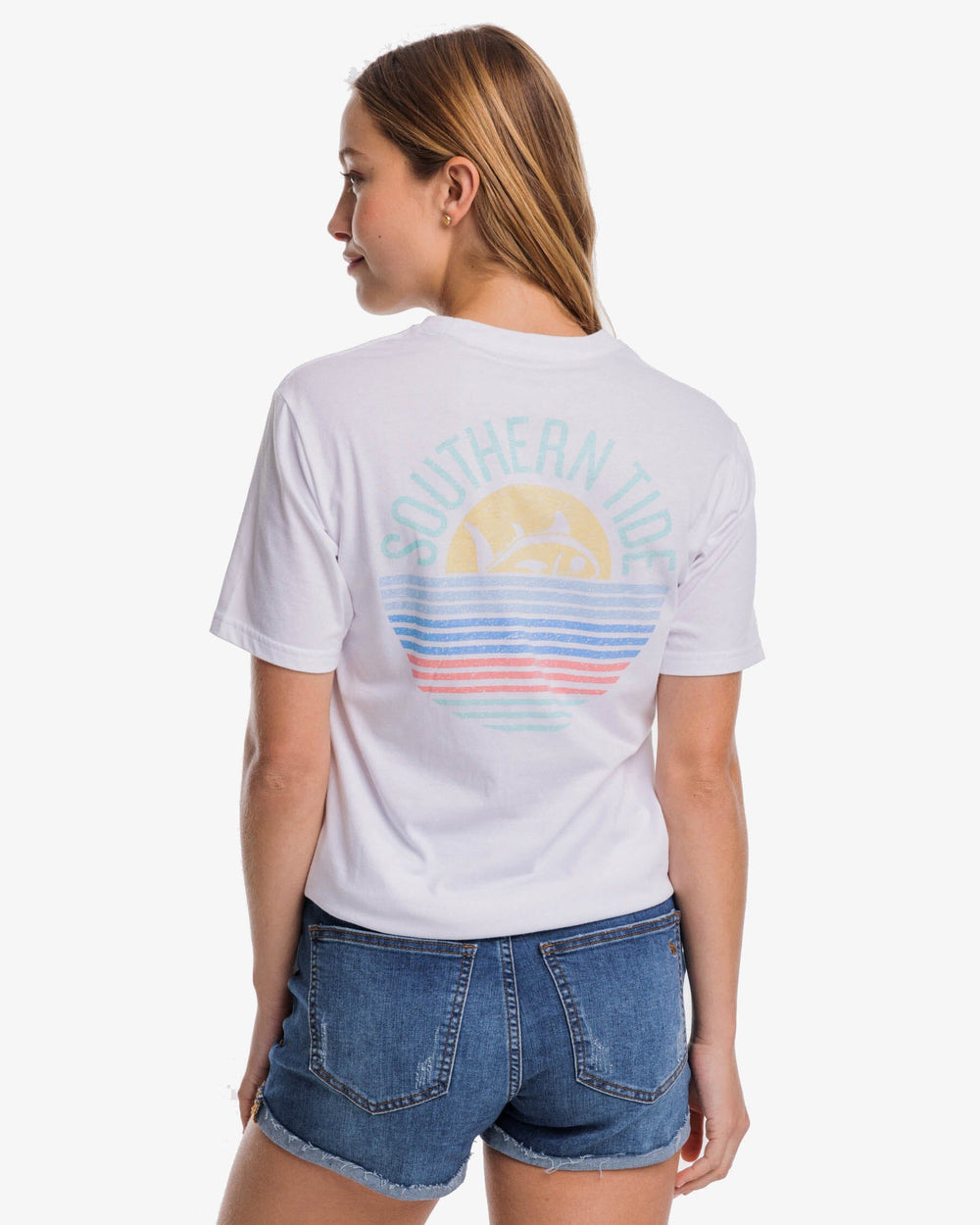 The back view of the Southern Tide Striped Sunset Circle T-Shirt by Southern Tide - Classic White