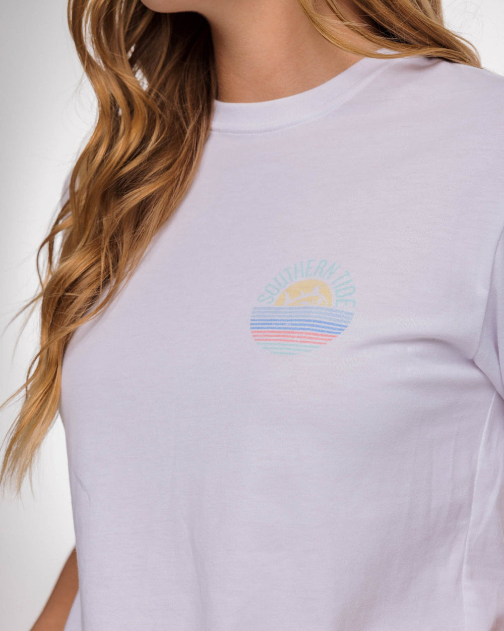 The detail view of the Southern Tide Striped Sunset Circle T-Shirt by Southern Tide - Classic White