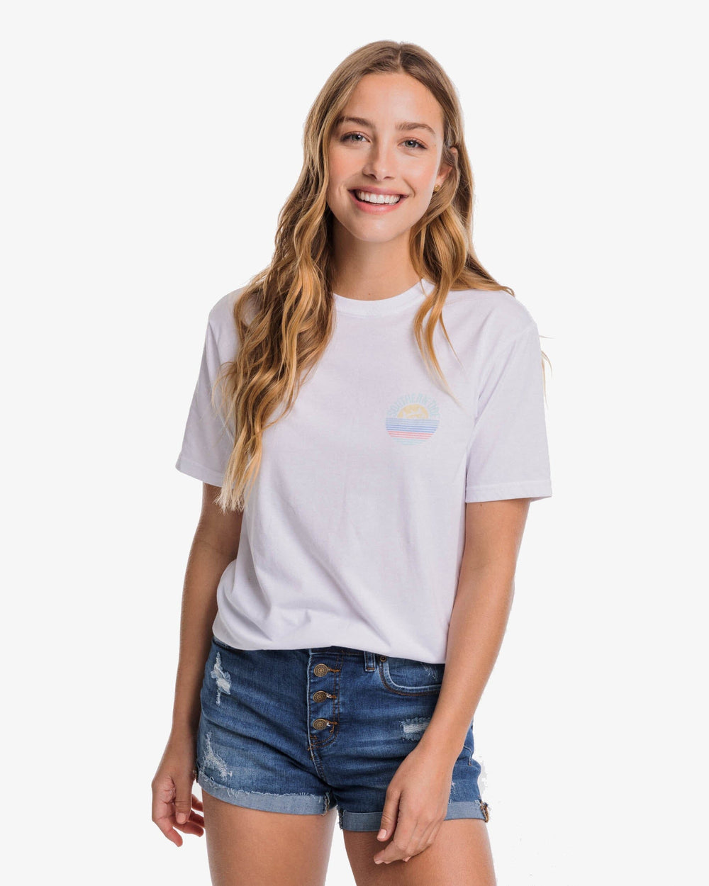 The front view of the Southern Tide Striped Sunset Circle T-Shirt by Southern Tide - Classic White