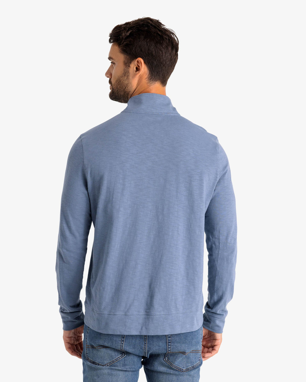 The back view of the Sun Farer Ocean View Quarter Button Pullover by Southern Tide - Blue Haze