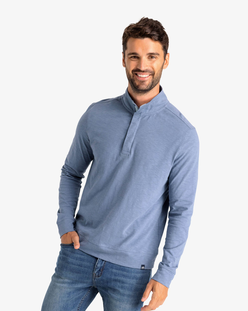The front view of the Sun Farer Ocean View Quarter Button Pullover by Southern Tide - Blue Haze