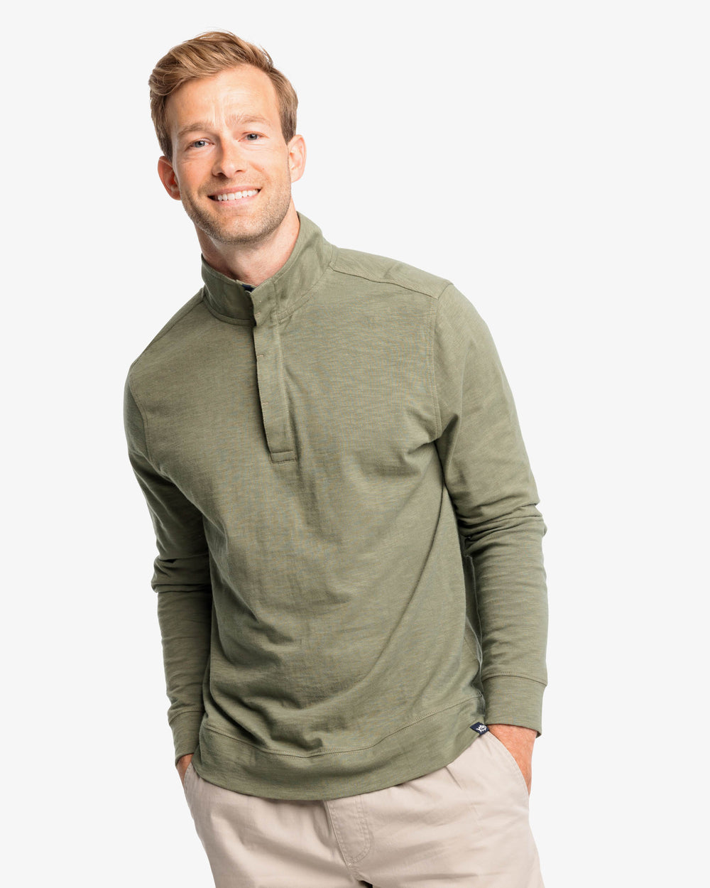 The front view of the Sun Farer Ocean View Quarter Button Pullover by Southern Tide - Pine