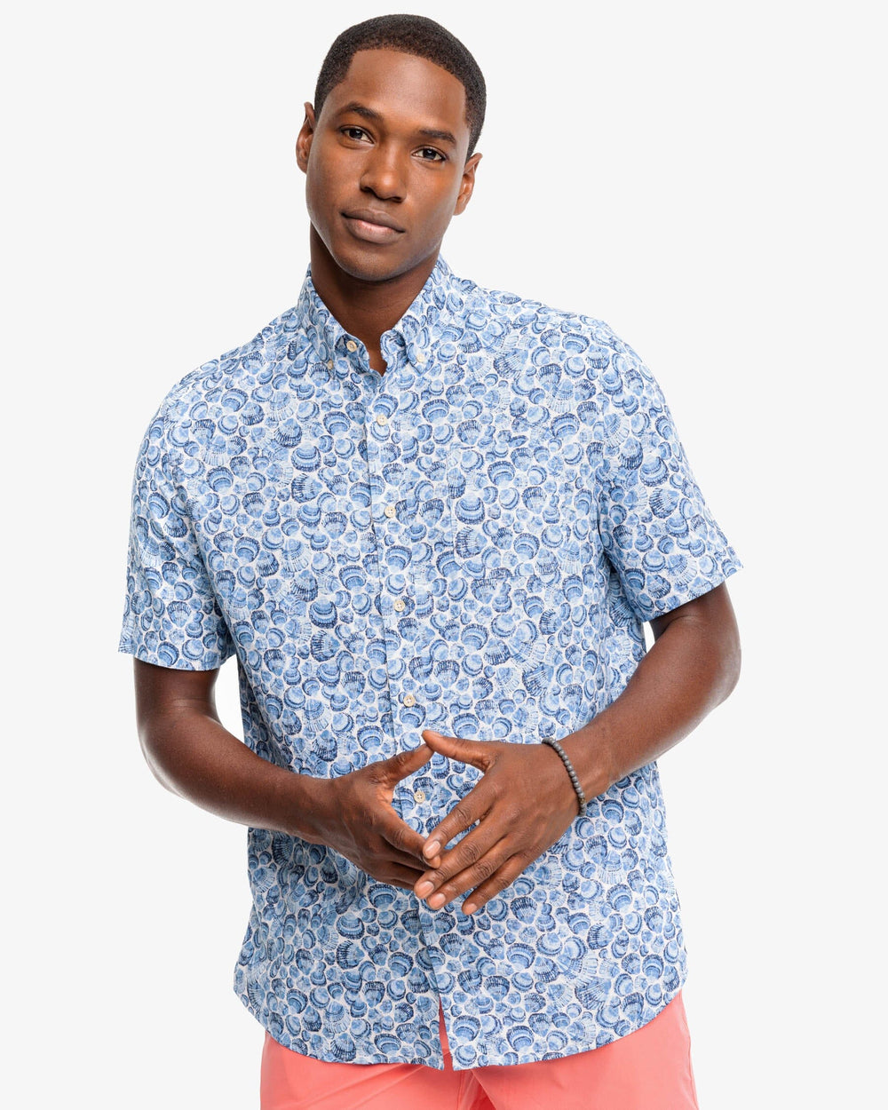 The front view of the Sunday Shellies Short Sleeve Button Down by Southern Tide - Classic White