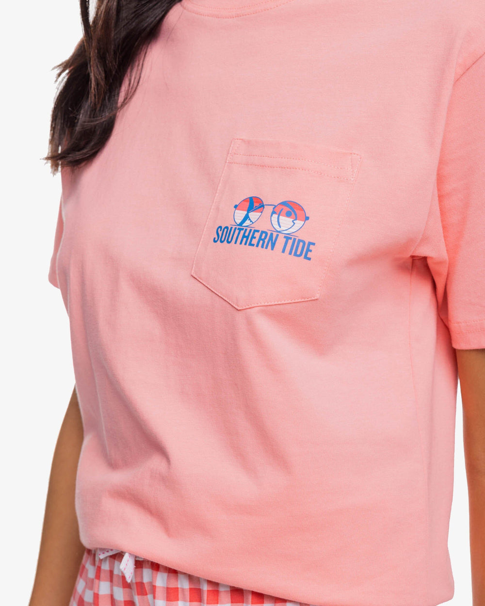 The detail view of the Southern Tide Sunglasses and Sunsets T-Shirt by Southern Tide - Flamingo Pink