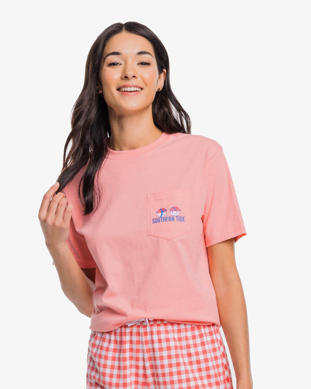 The front view of the Southern Tide Sunglasses and Sunsets T-Shirt by Southern Tide - Flamingo Pink