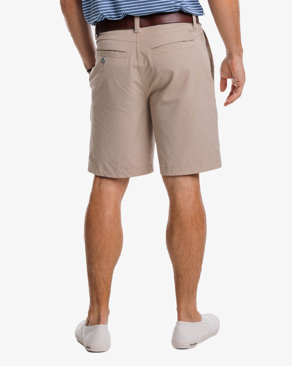 The back view of the Southern Tide T3 Gulf 9 Inch Performance Short by Southern Tide - Sandstone Khaki