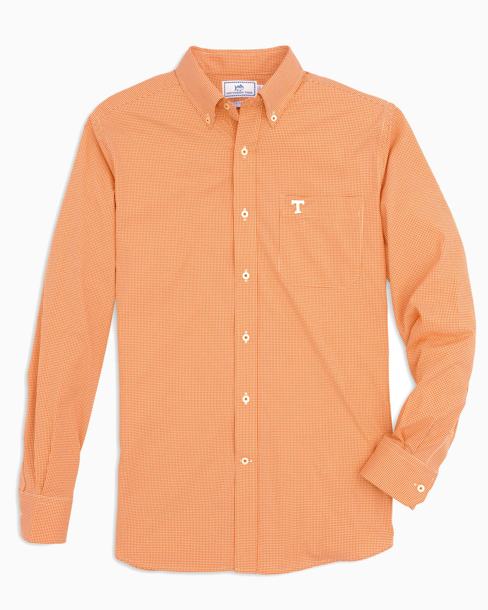 The front of the Tennessee Vols Gingham Button Down Shirt by Southern Tide - Rocky Top Orange