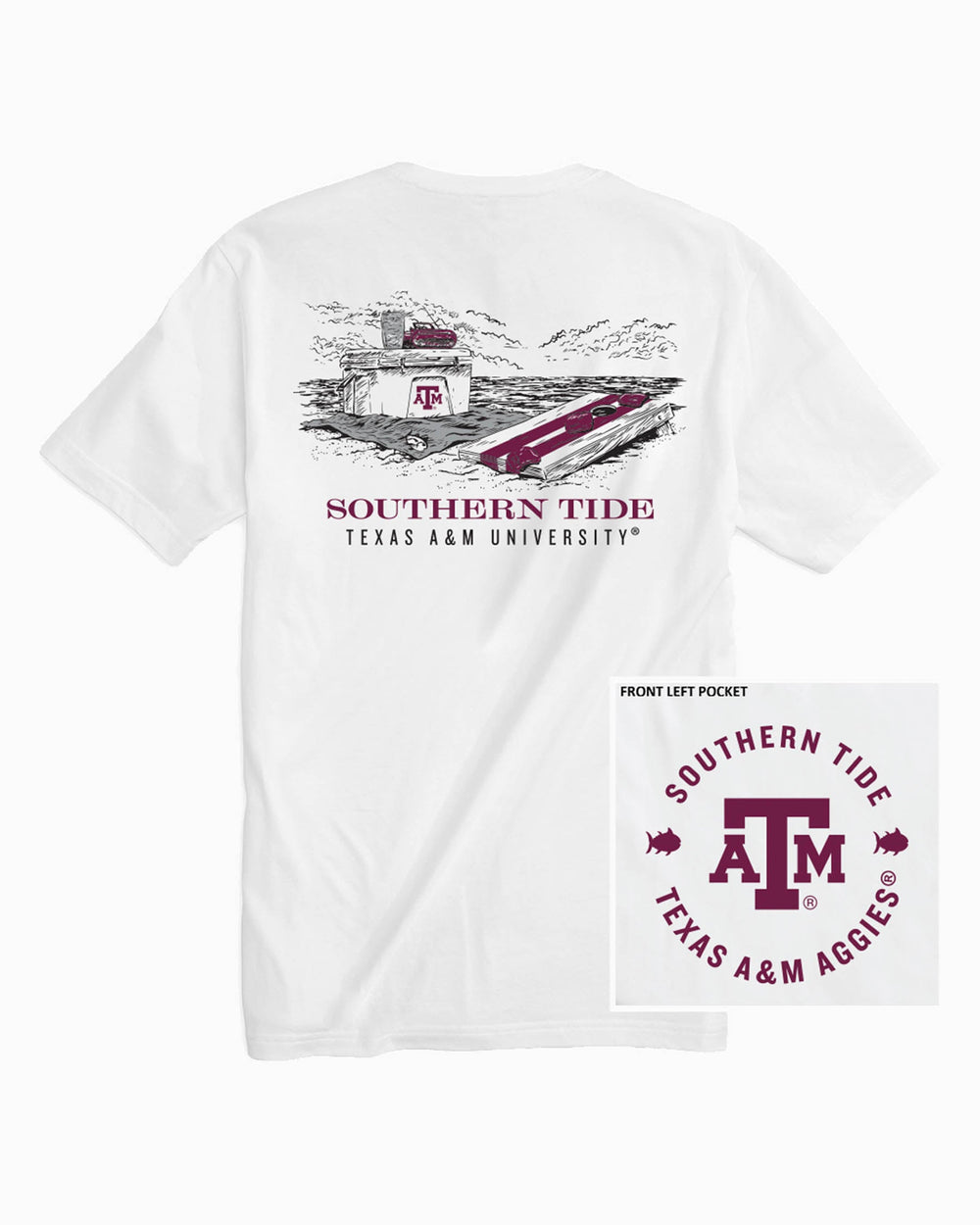 The front of the Texas A&M Aggies Beach Cornhole T-Shirt by Southern Tide - Classic White