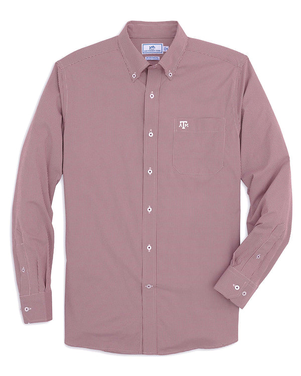 The front of the Men's Texas A&M Aggies Gingham Button Down Shirt by Southern Tide - Chianti