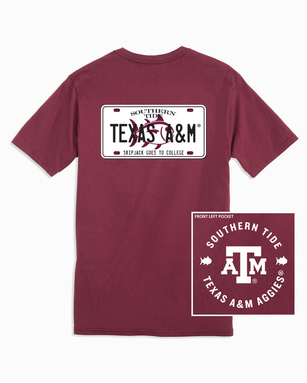 The front and back of the Texas A&M Aggies License Plate T-Shirt by Southern Tide - Chianti