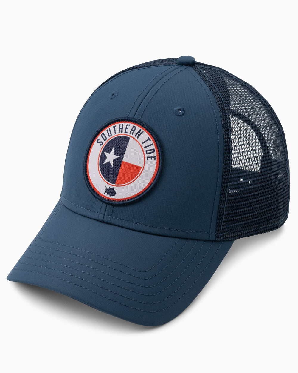 The front view of the Men's Texas Patch Performance Trucker Hat by Southern Tide - Seven Seas Blue