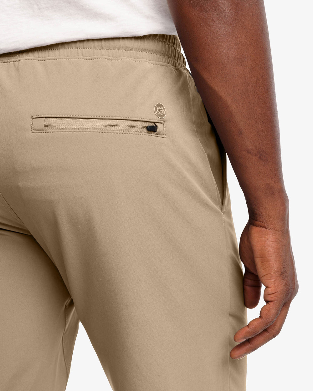 The detail view of the Southern Tide The Excursion Performance Jogger by Southern Tide - Sandstone Khaki