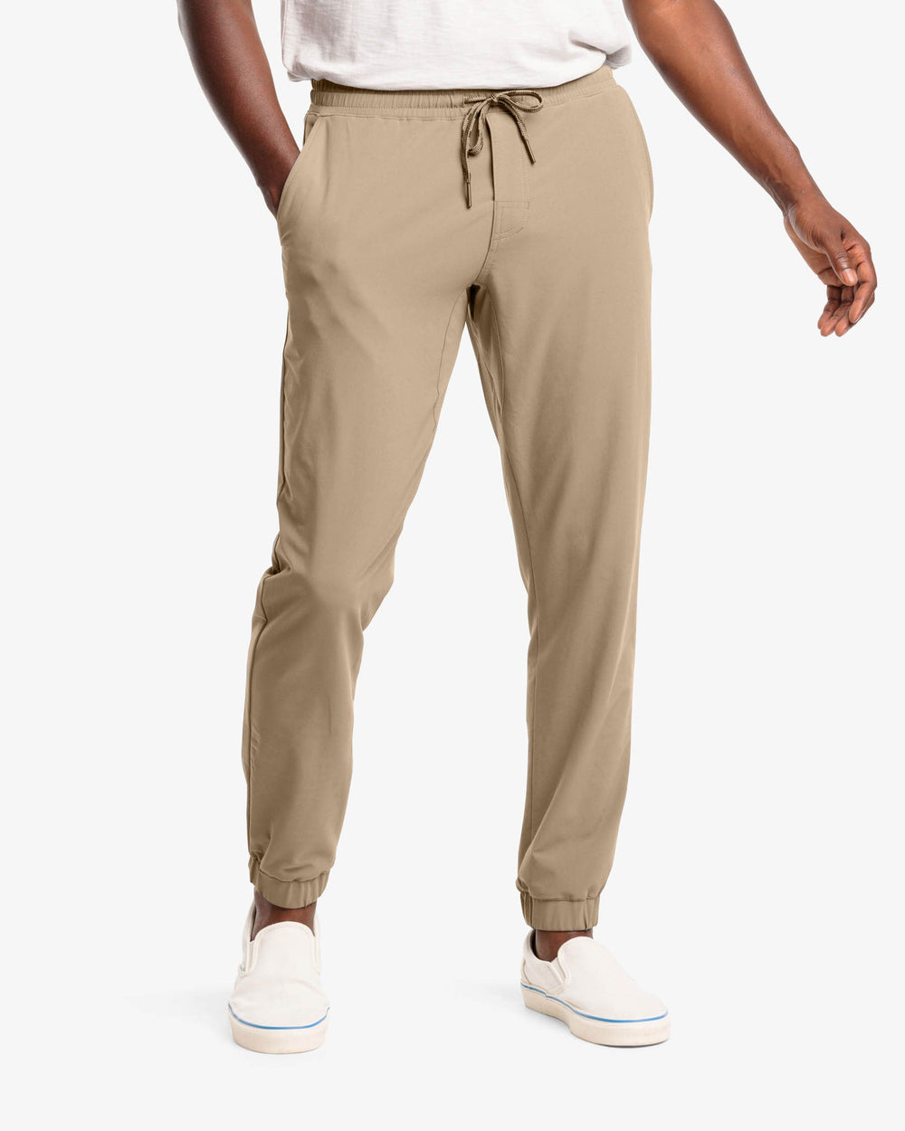 The front view of the Southern Tide The Excursion Performance Jogger by Southern Tide - Sandstone Khaki