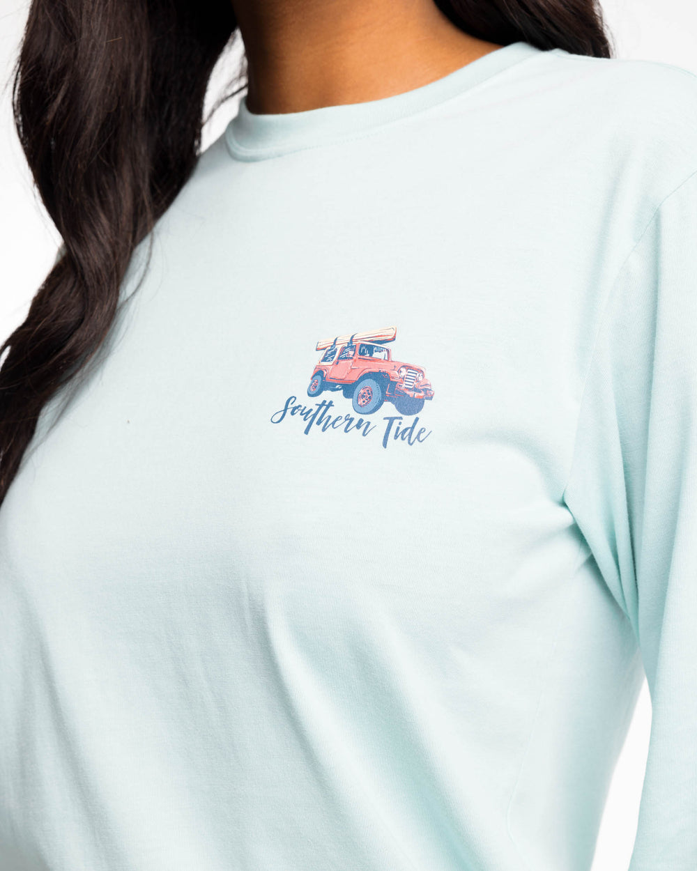 The detail view of the Southern Tide The Lake Awaits Long Sleeve T-Shirt by Southern Tide - Turquoise Sea