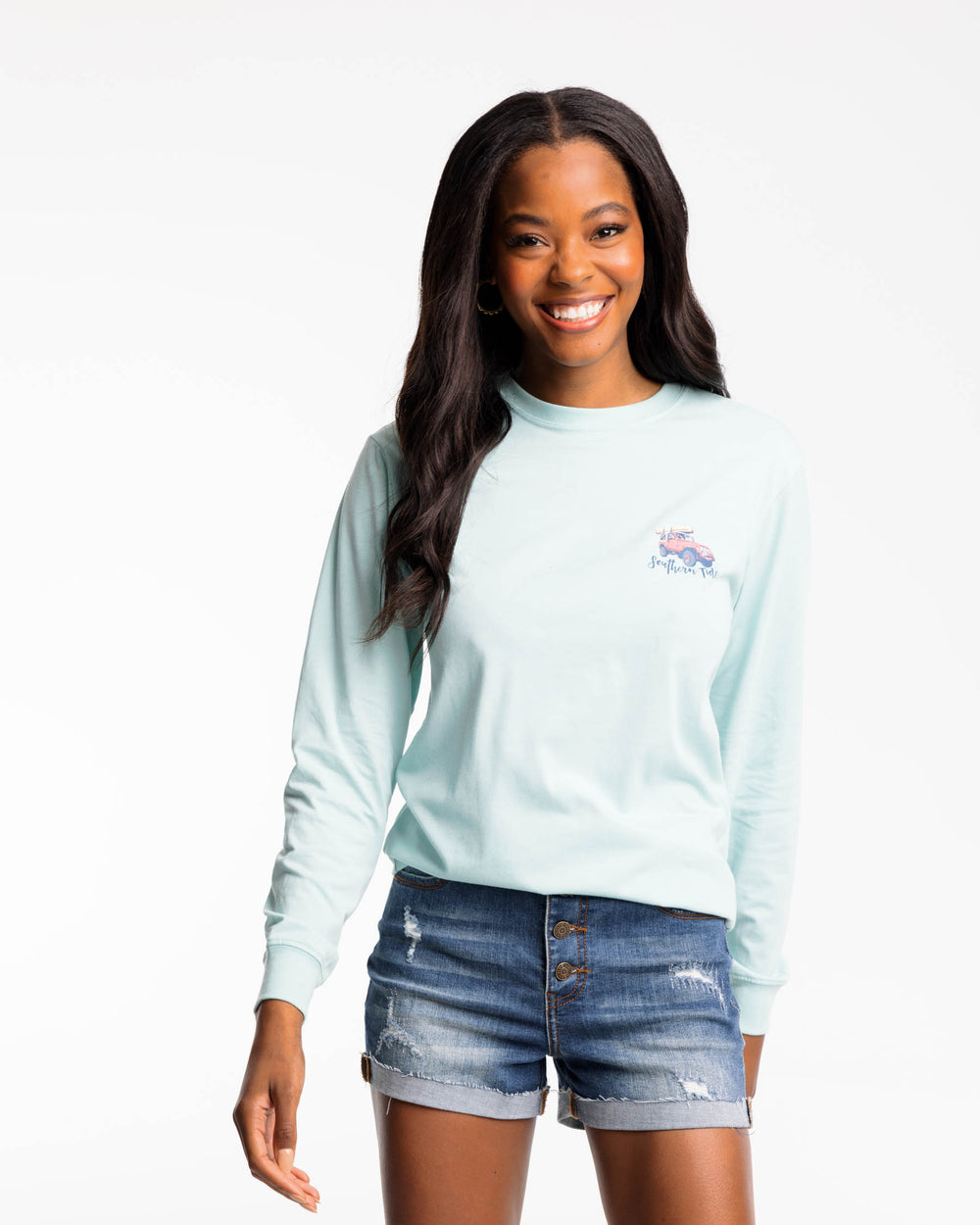The front view of the Southern Tide The Lake Awaits Long Sleeve T-Shirt by Southern Tide - Turquoise Sea