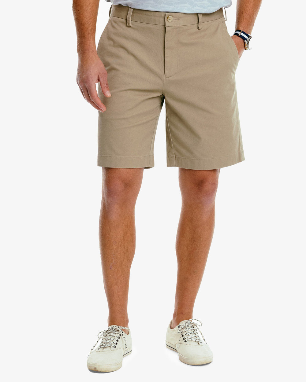 The front view of the Men's New Channel Marker 9 Inch Short by Southern Tide - Sandstone Khaki