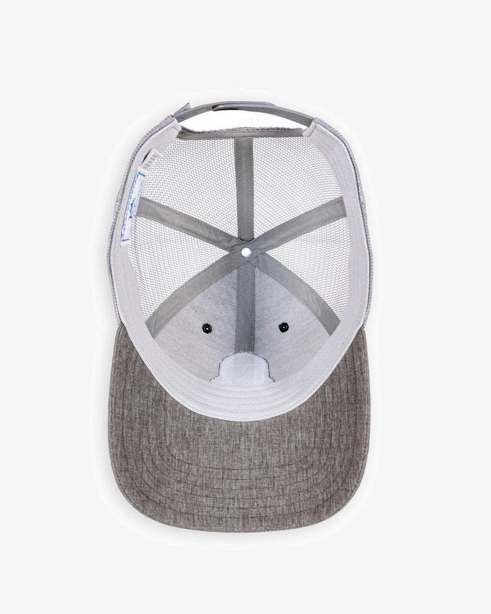 The detail view of the Southern Tide Three Palms Performance Trucker Hat by Southern Tide - Heather Khaki