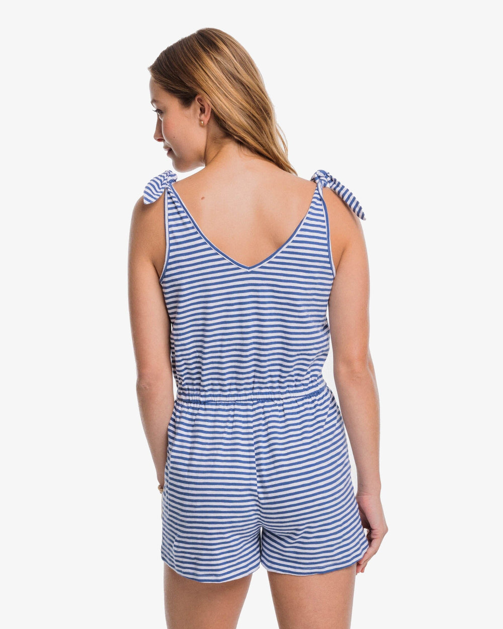 The back view of the Southern Tide Tillie Stripe Sun Farer Tie Shoulder Romper by Southern Tide - Nautical Navy