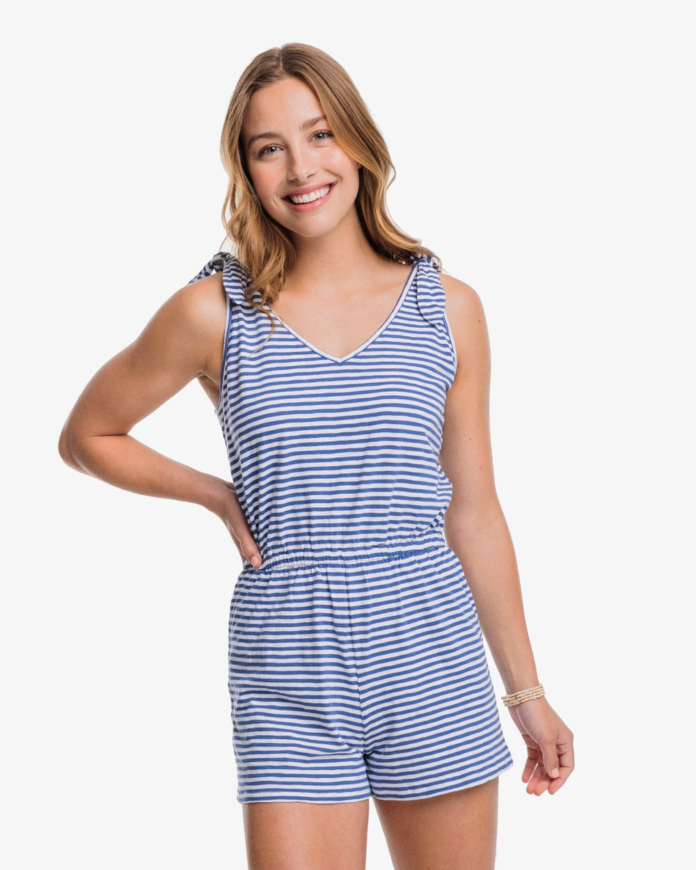 The front view of the Southern Tide Tillie Stripe Sun Farer Tie Shoulder Romper by Southern Tide - Nautical Navy