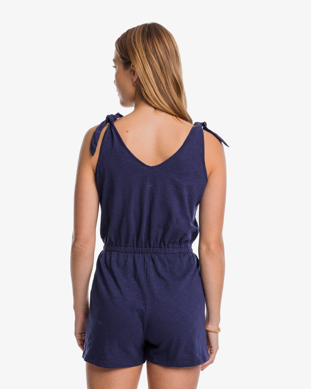 The back view of the Southern Tide Tillie Sun Farer Tie Shoulder Romper by Southern Tide - Nautical Navy