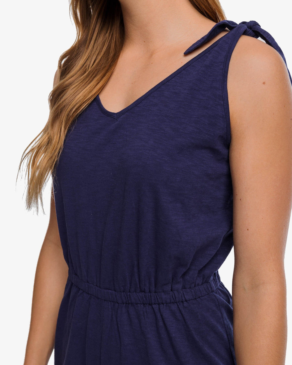 The detail view of the Southern Tide Tillie Sun Farer Tie Shoulder Romper by Southern Tide - Nautical Navy