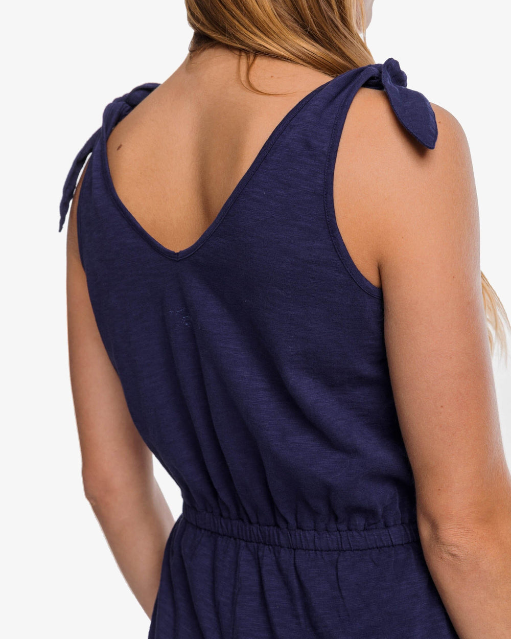 The back detail view of the Southern Tide Tillie Sun Farer Tie Shoulder Romper by Southern Tide - Nautical Navy