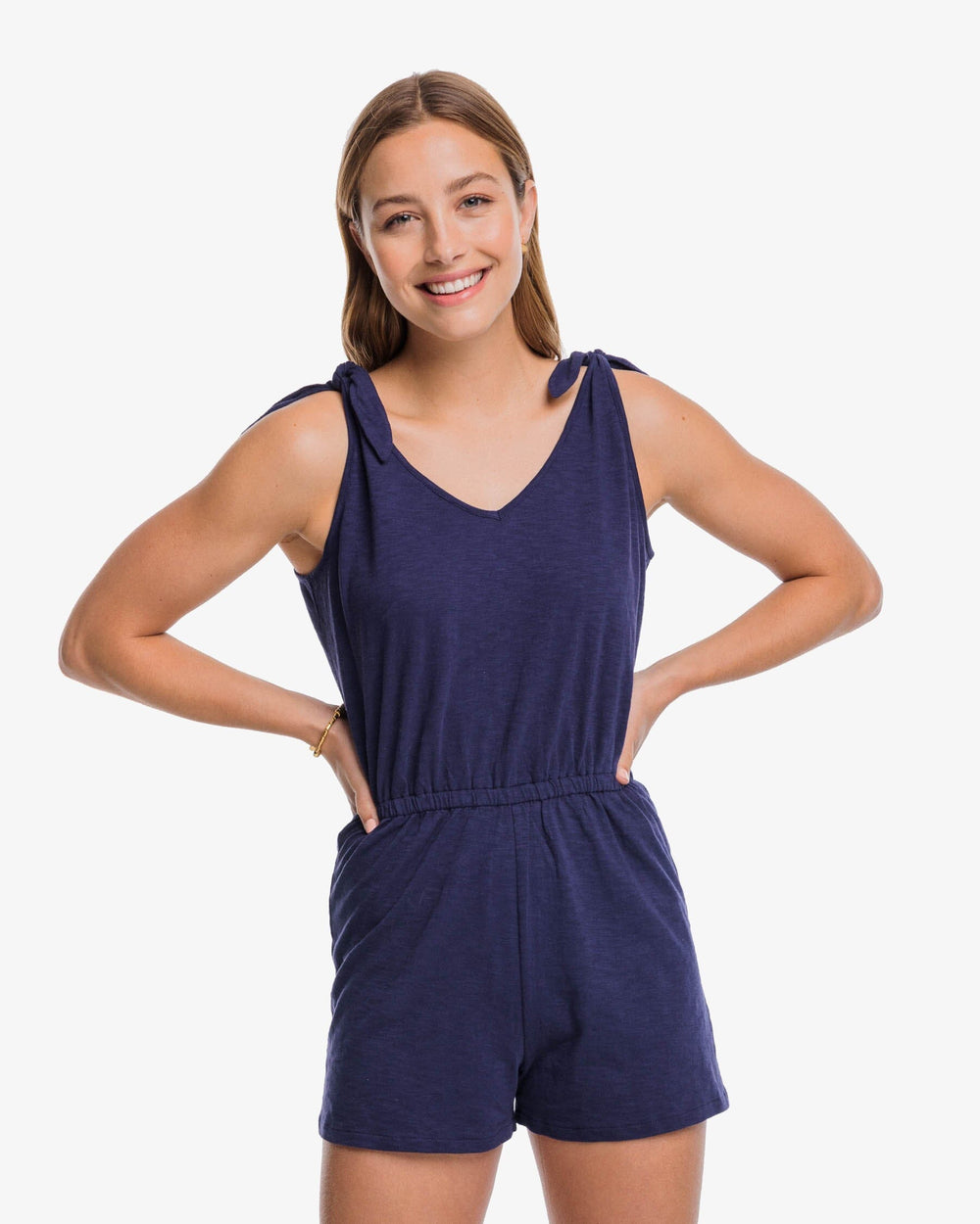The front view of the Southern Tide Tillie Sun Farer Tie Shoulder Romper by Southern Tide - Nautical Navy