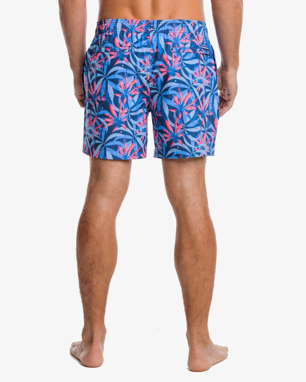 The back view of the Southern Tide Tropical Blooms Printed Swim Trunk by Southern Tide - Aged Denim