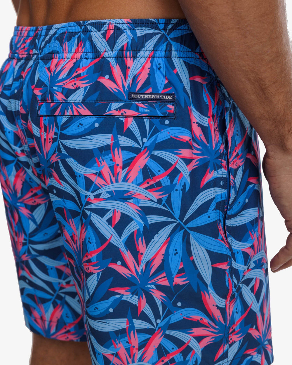 The detail view of the Southern Tide Tropical Blooms Printed Swim Trunk by Southern Tide - Aged Denim