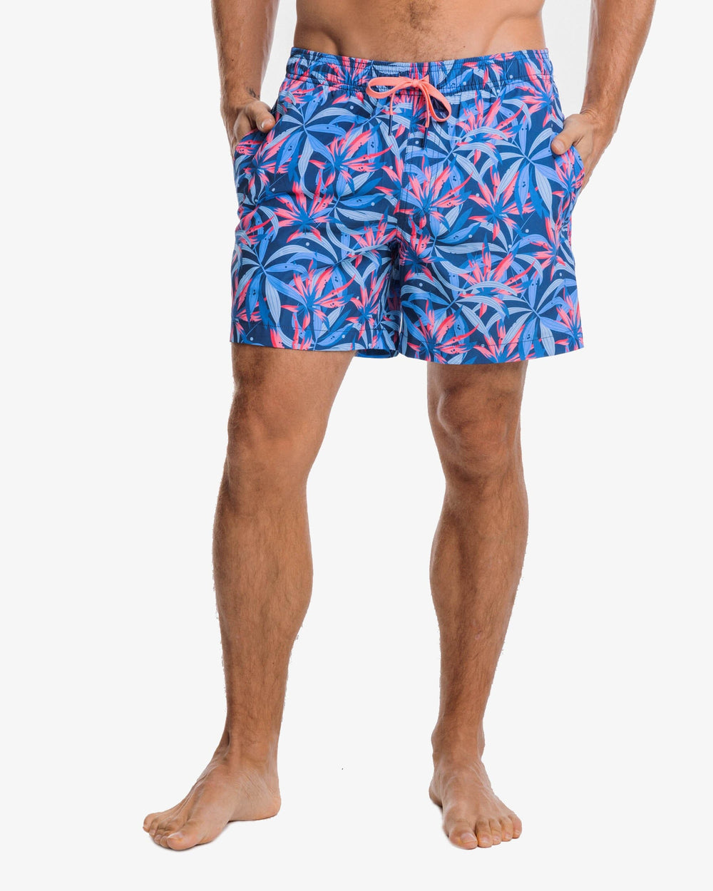 The front view of the Southern Tide Tropical Blooms Printed Swim Trunk by Southern Tide - Aged Denim