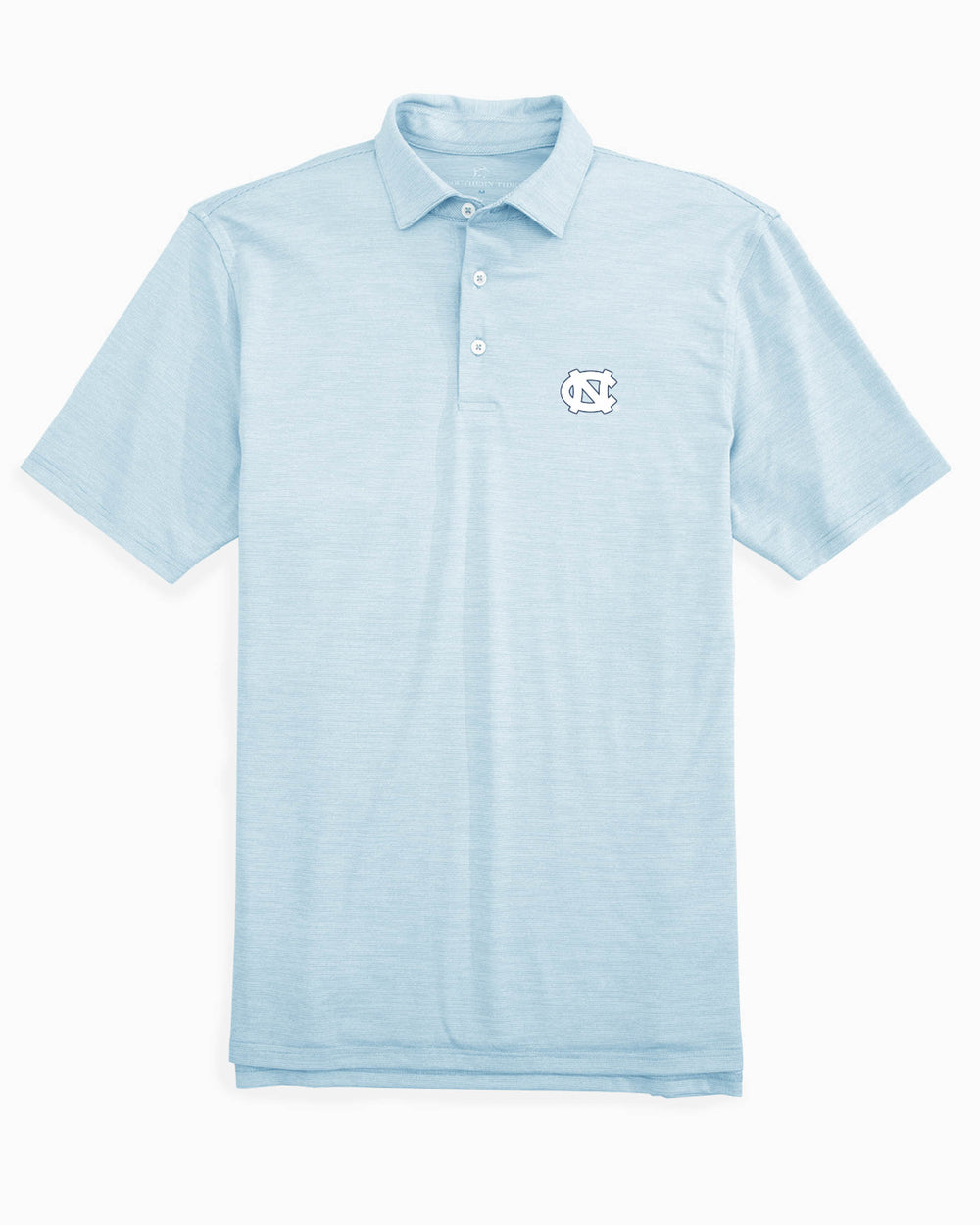 The front of the UNC Tar Heels Driver Spacedye Performance Polo Shirt by Southern Tide - Rush Blue