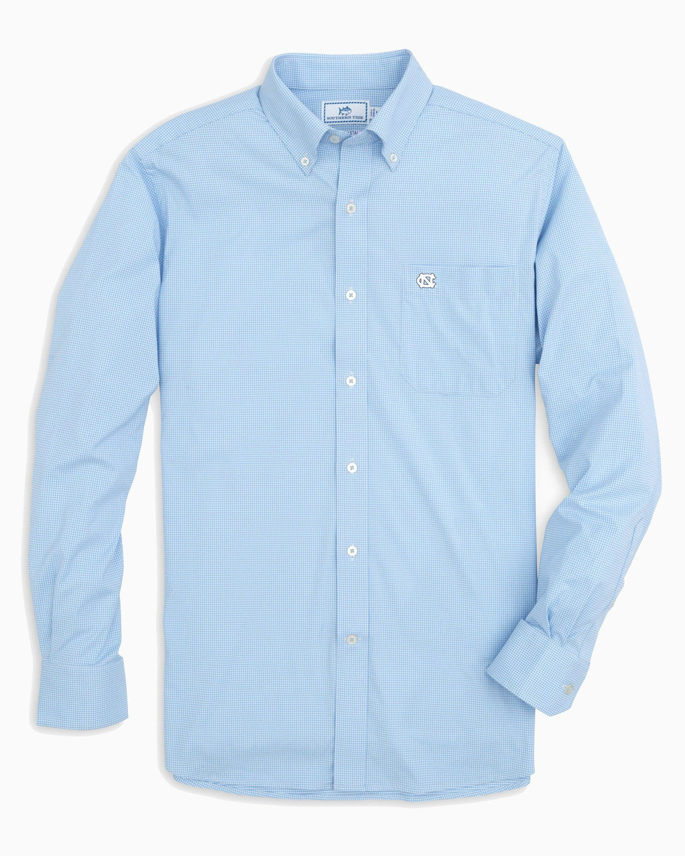 The front view of the Men's Light Blue UNC Tar Heels Gingham Button Down Shirt by Southern Tide - Tide Blue