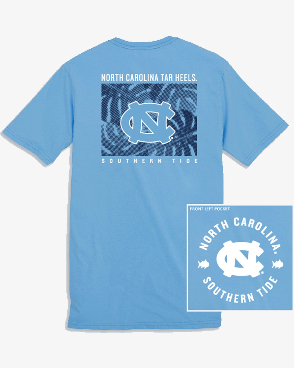 The back view of the UNC Tar Heels Halftone Monstera T-Shirt by Southern Tide - Rush Blue