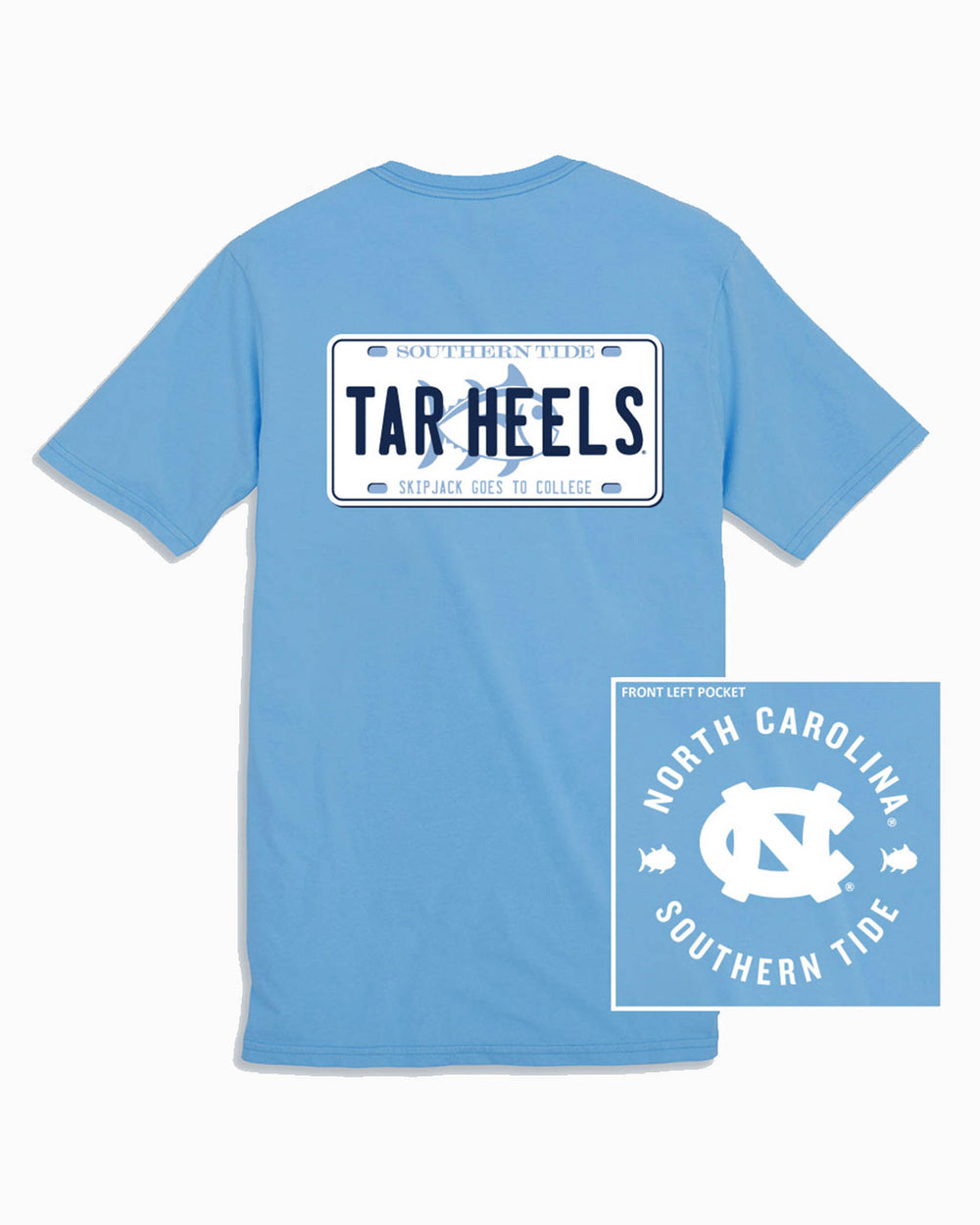 The front and back view of the UNC Tar Heels License Plate T-Shirt by Southern Tide - Rush Blue
