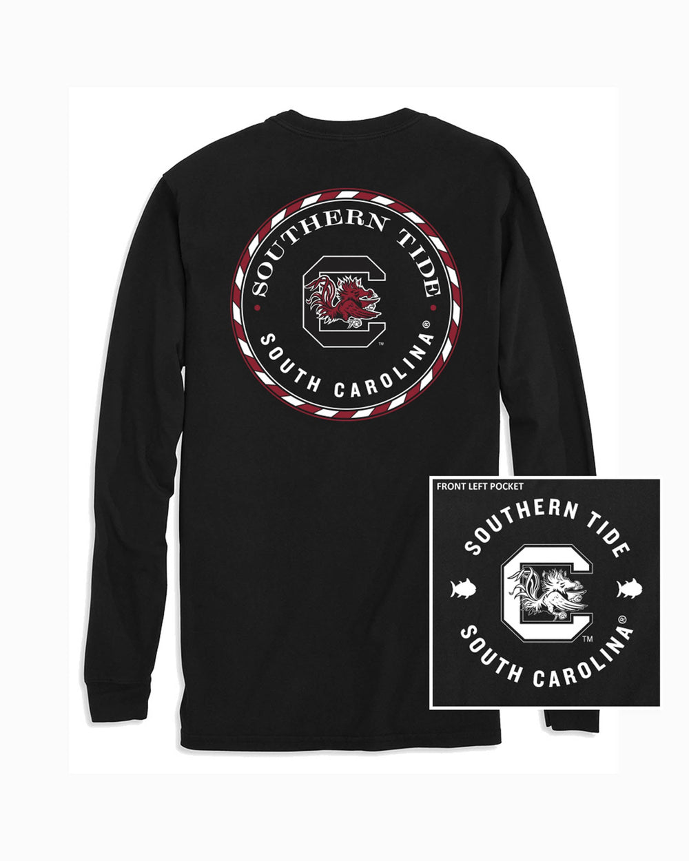 The front of the USC Gamecocks Long Sleeve Medallion Logo T-Shirt by Southern Tide - Black