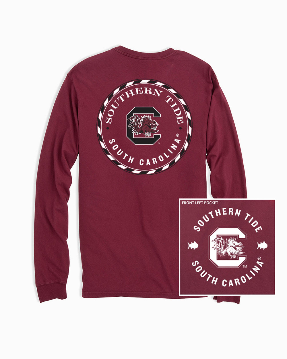 The front of the USC Gamecocks Long Sleeve Medallion Logo T-Shirt by Southern Tide - Chianti