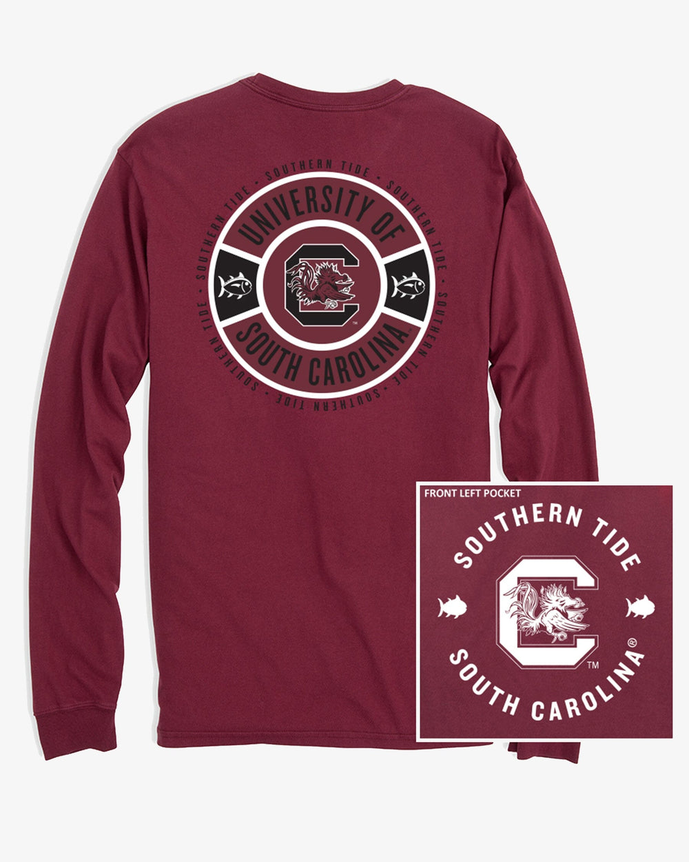 The back view of the Southern Tide USC Gamecocks Ring Badge T-Shirt by Southern Tide - Chianti