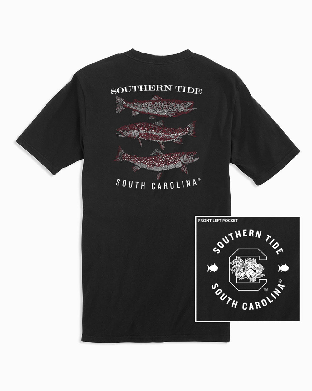 The front of the USC Gamecocks Spotted Trout T-Shirt by Southern Tide - Black